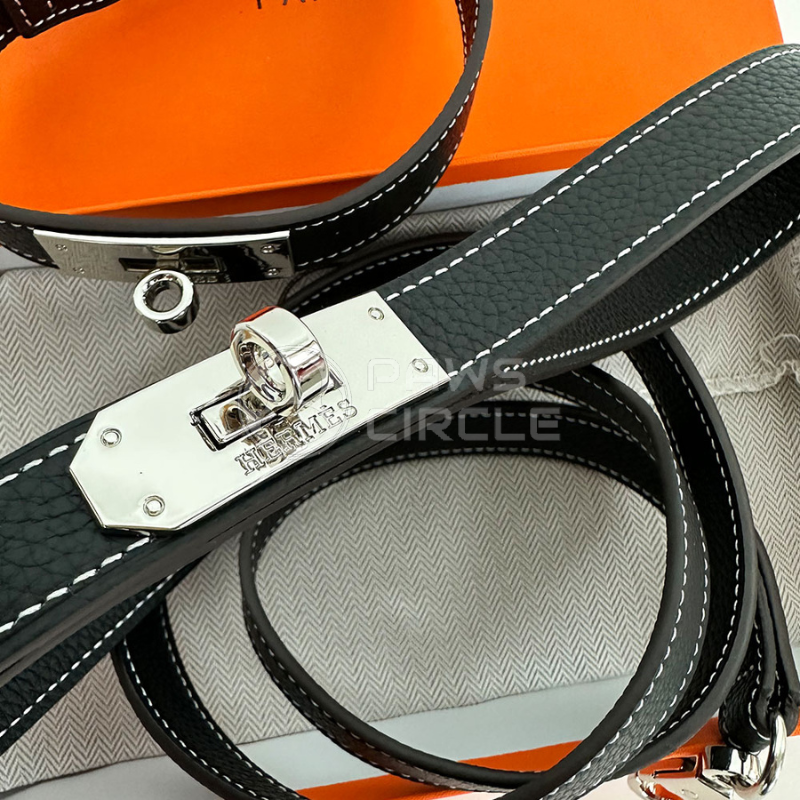 Black genuine leather Dog Collar & Leash