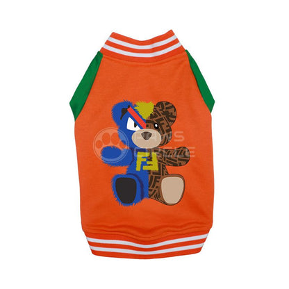 Fendi dog varsity jacket with bear design in orange color
