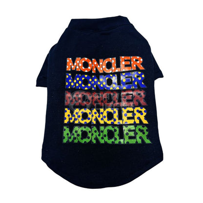 Black Moncler  pet shirt with colorful 'Moncler' text on a white background