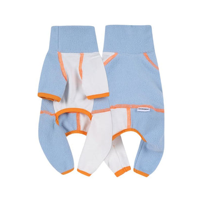 Dog fleece sweatsuit with blue and white design on a white background