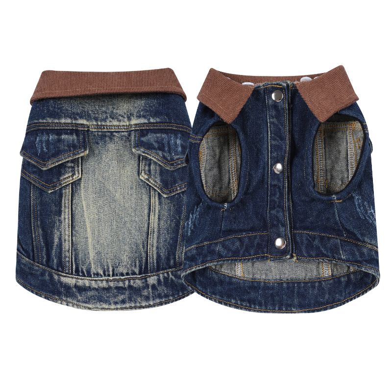 Denim dog coat with brown collar on a white background