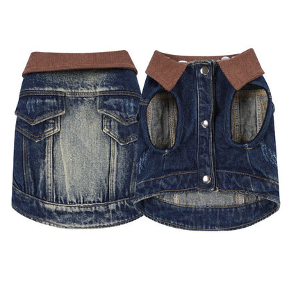 Denim dog coat with brown collar on a white background