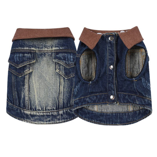 Denim dog coat with brown collar on a white background