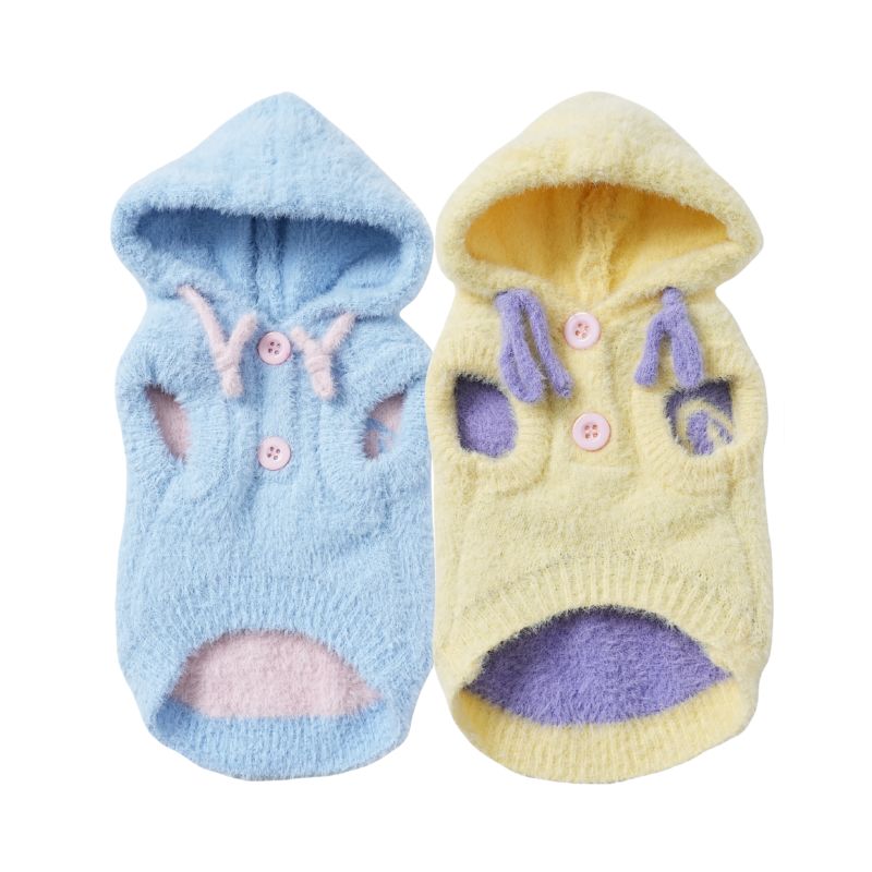 fleece dog hoodie in blue and yellow
