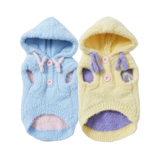 fleece dog hoodie in blue and yellow
