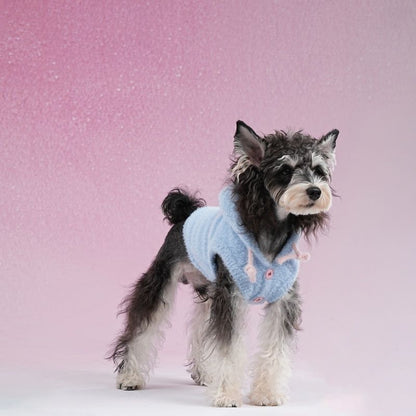 dog wearing blue fleece hoodie