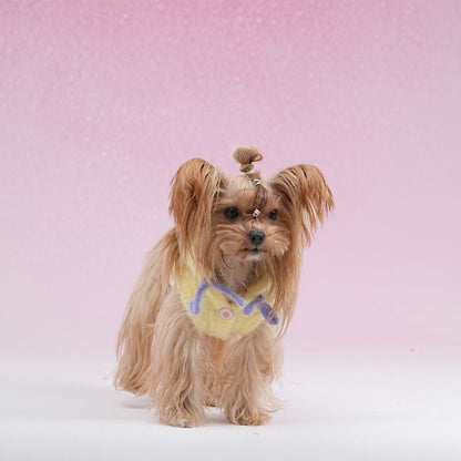 dog wearing yellow fleece hoodie