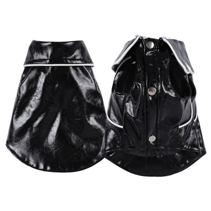 Black leather-style dog coat with buttons on a white background