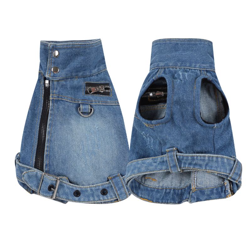 Blue denim dog coat with zipper and pocket on a white background