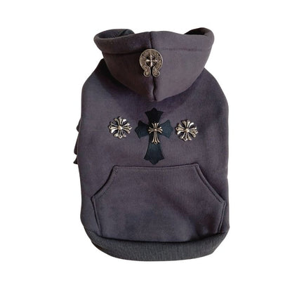 Dark gray Chrome Hearts  dog hoodie with decorative crosses on a white background