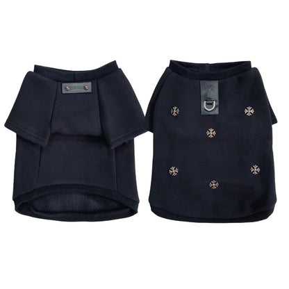 Two black dog chrome heart sweater with decorative cross on a white background