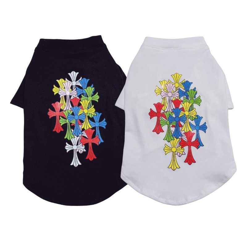 Black and white Chrome Hearts pet shirts with colorful cross designs on a white background