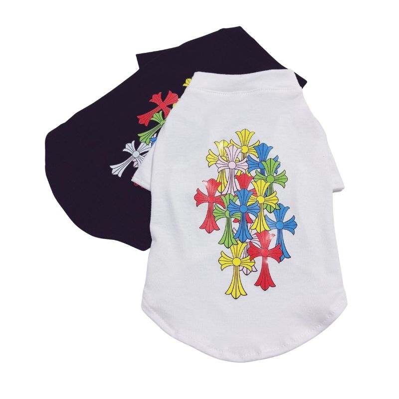 White Chrome Hearts pet shirt with colorful cross design on a white background