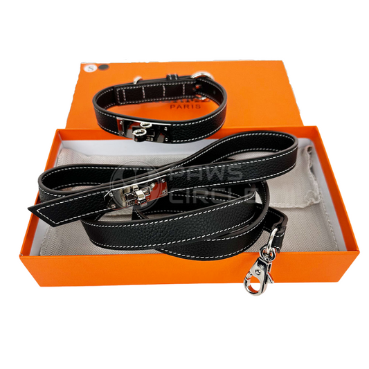 Black genuine leather Dog Collar & Leash