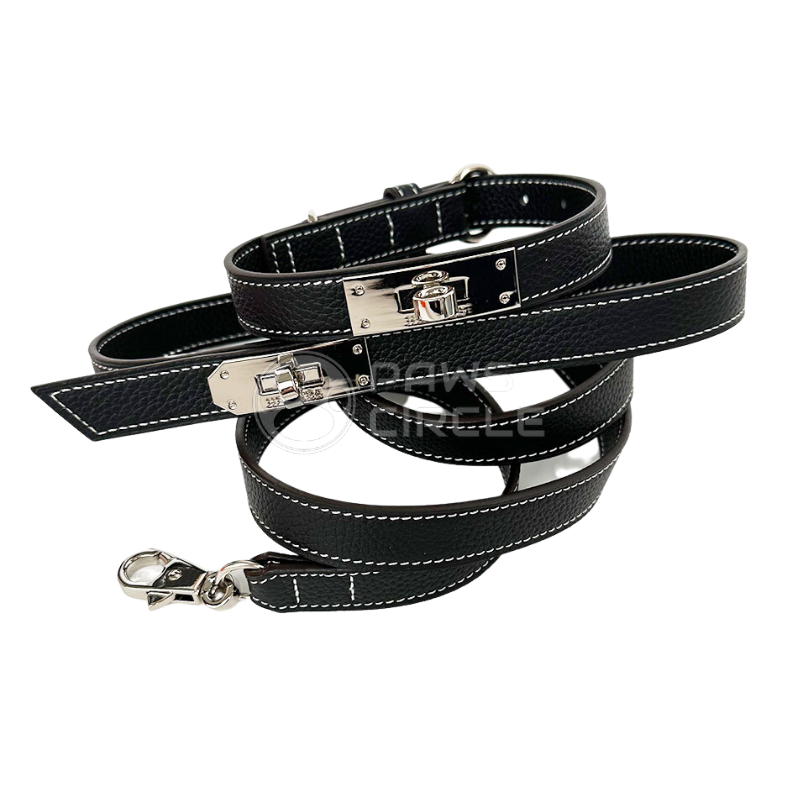 Black genuine leather Dog Collar & Leash