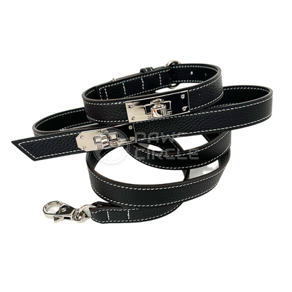 Black genuine leather Dog Collar & Leash