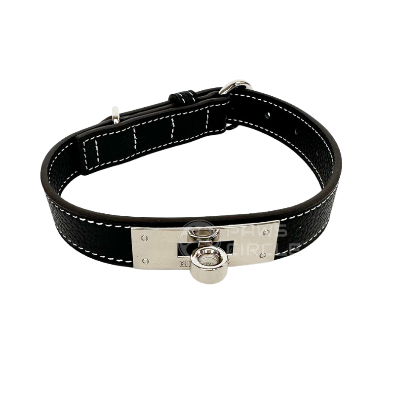 Black genuine leather Dog Collar & Leash