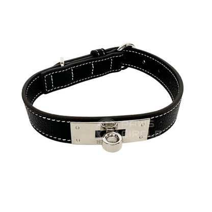 Black genuine leather Dog Collar & Leash