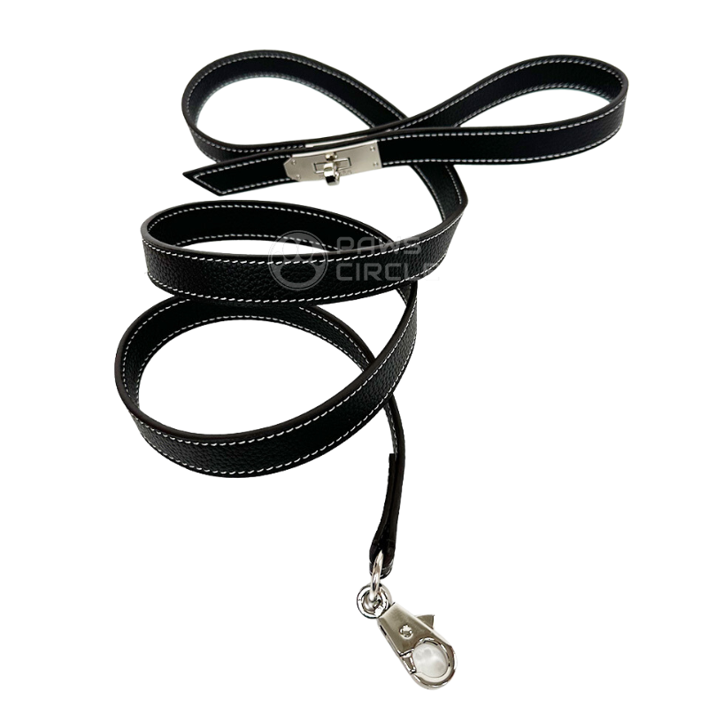 Black genuine leather Dog Collar & Leash