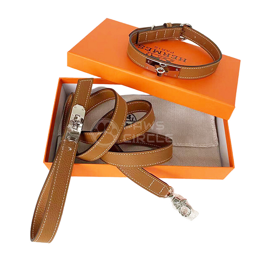 Tanned color genuine leather dog collar & leash